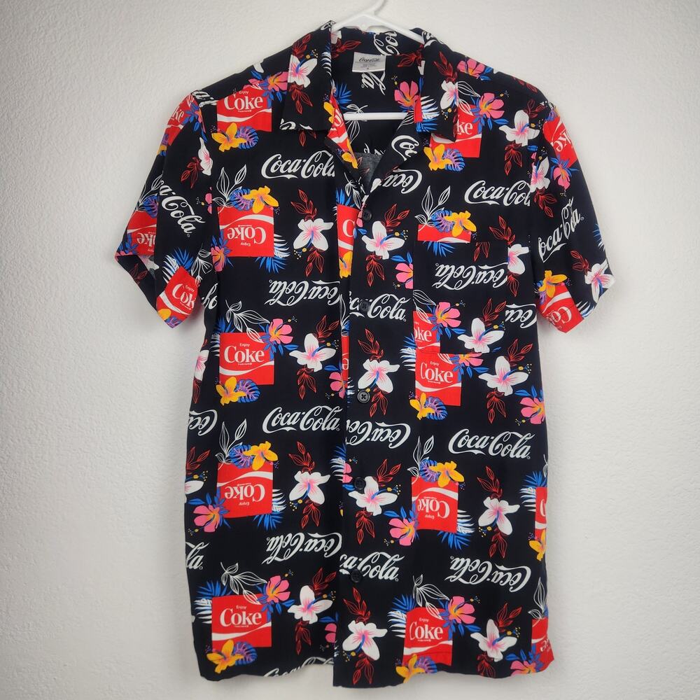 Coca Cola Men's Hawaiian Shirt Button Down Size Small Black Short Sleeve Coke